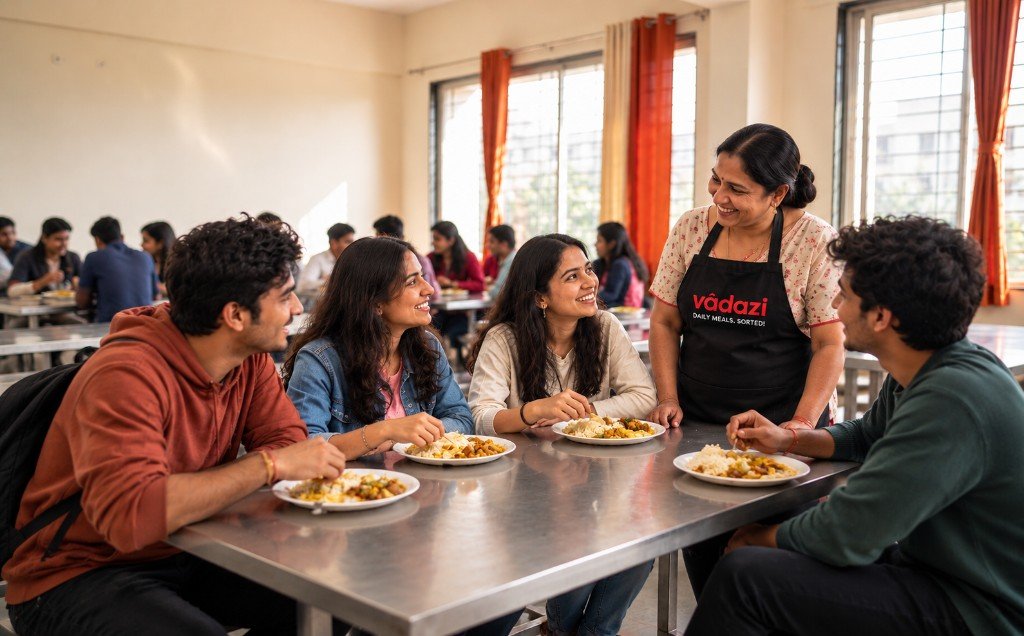 Students sharing an everyday meal with a local mess owner in a campus canteen